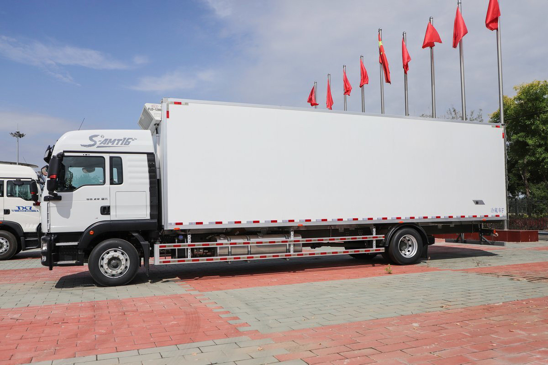 Diesel a 10 velocità 290 CV 4X2 9,45m Deflector Row Half Cab Corpo bianco SITRAK ZZ5186 Camion frigorifero a tre porte